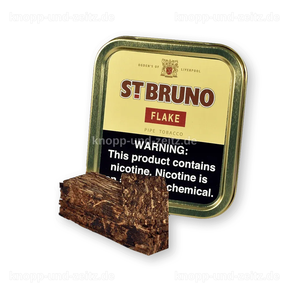 Dose mit Premium-Tabak von St Bruno Flake auf einem Tisch.