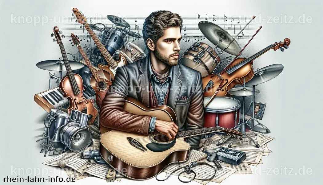 Fabian Drews spielt Gitarre in einem Studio, umgeben von Musikgeräten.